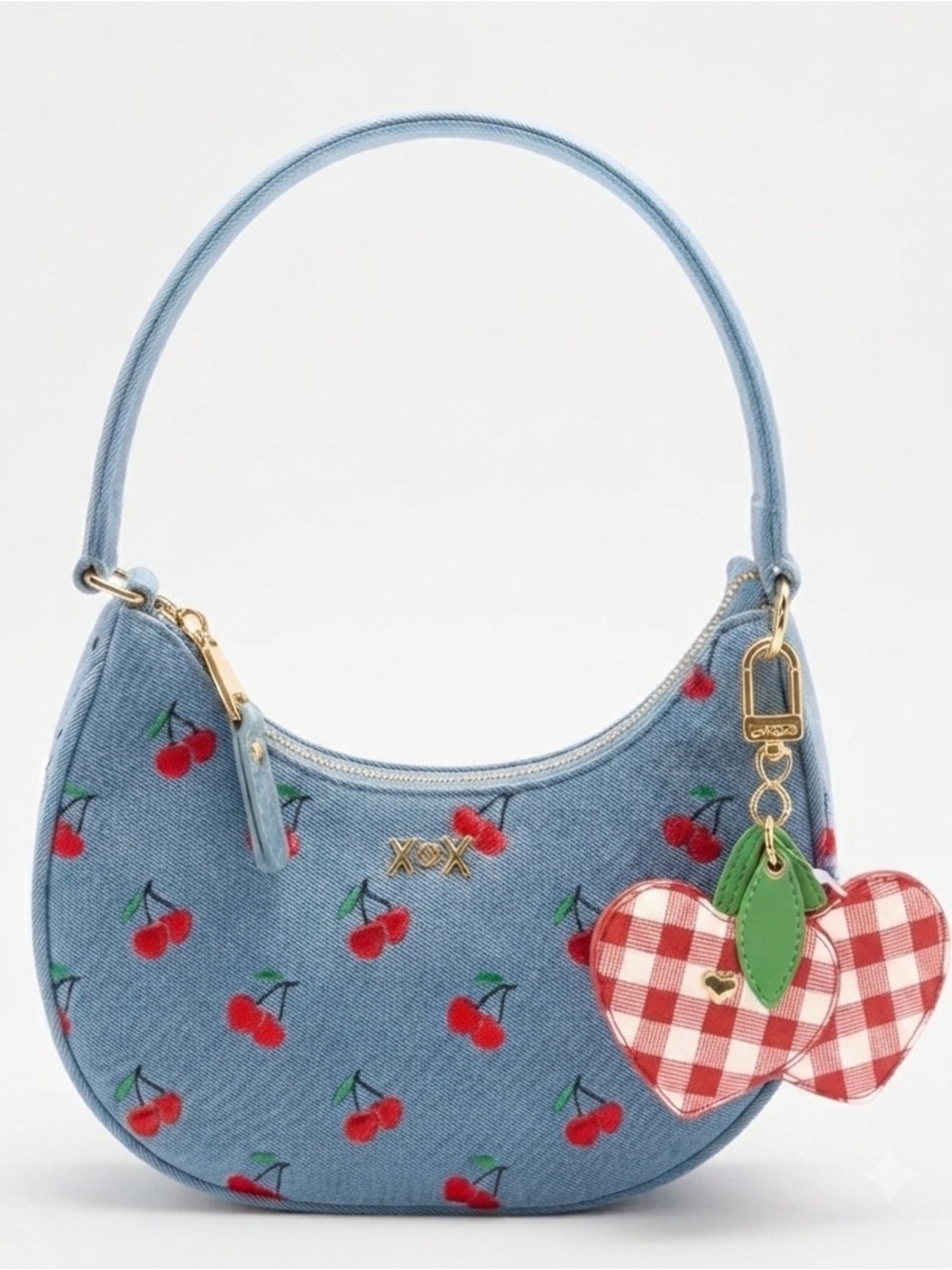Betsey Johnson Light Denim Blue XONORTHY Cherry Shoulder Bag with Gold Hardware